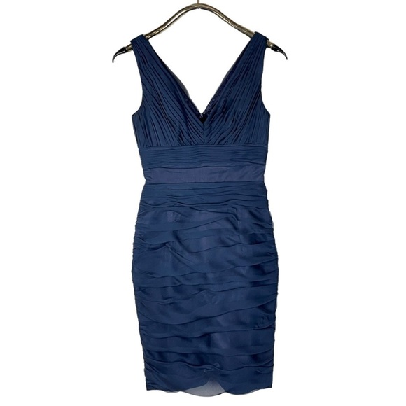 MONIQUE LHUILLIER BRIDESMAIDS NAVY BLUE RUCHED CHIFFON SHEATH COCKTAIL DRESS - Picture 2 of 15